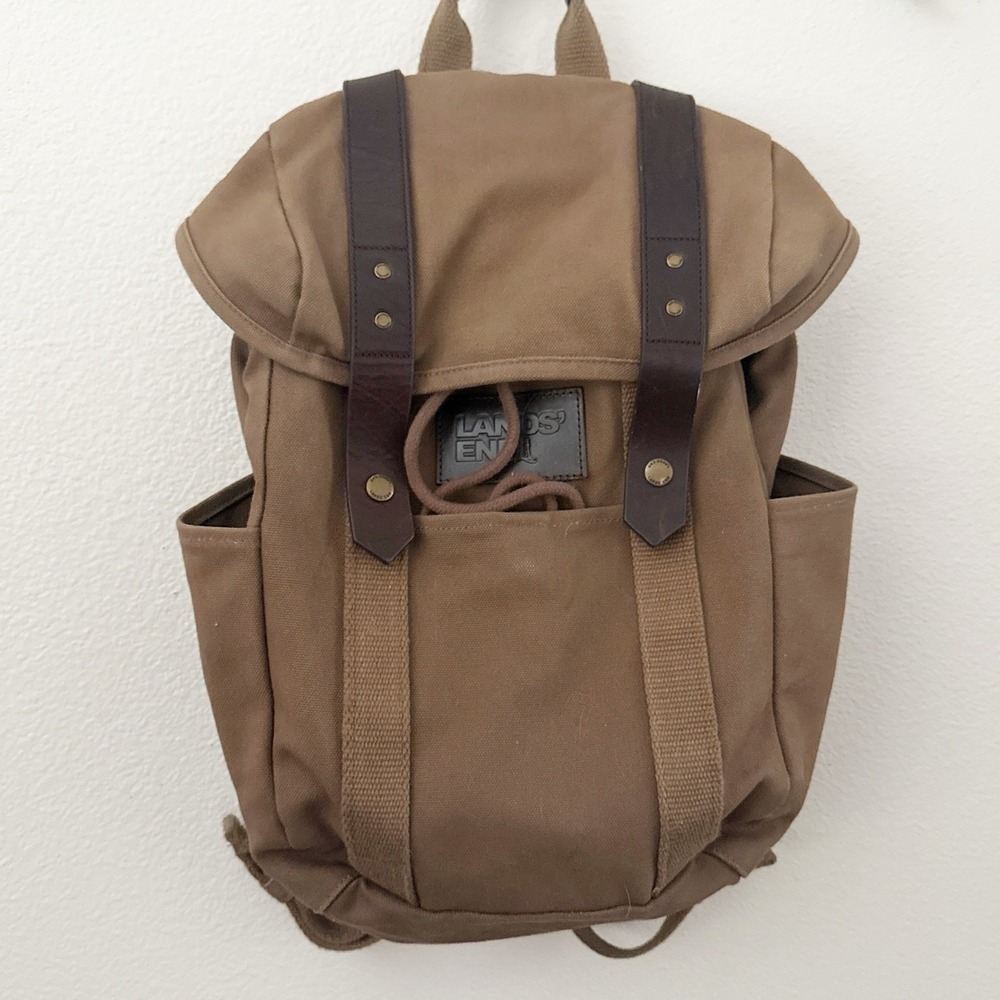 LANDS END | Waxed Canvas Brown Heavy Duty Water Resistant Laptop Backpack Travel